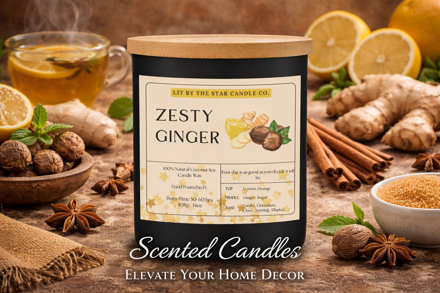 Zesty Ginger -  Matte Black Glass Coconut Soy Candle
