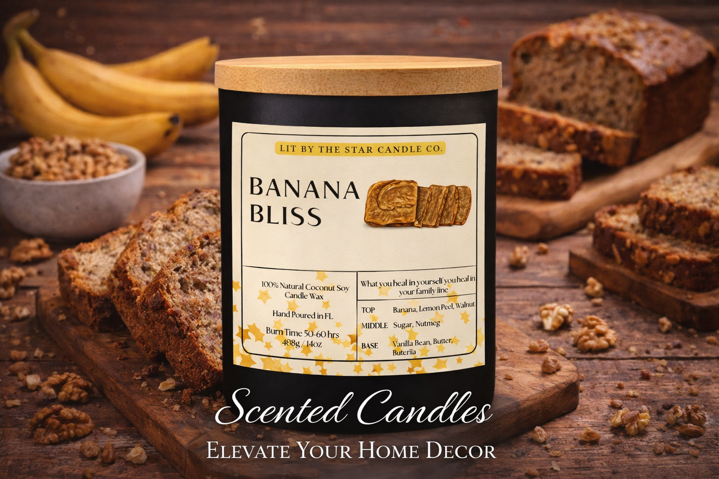 Banana Nut Bliss -  Matte Black Glass Coconut Soy Candle