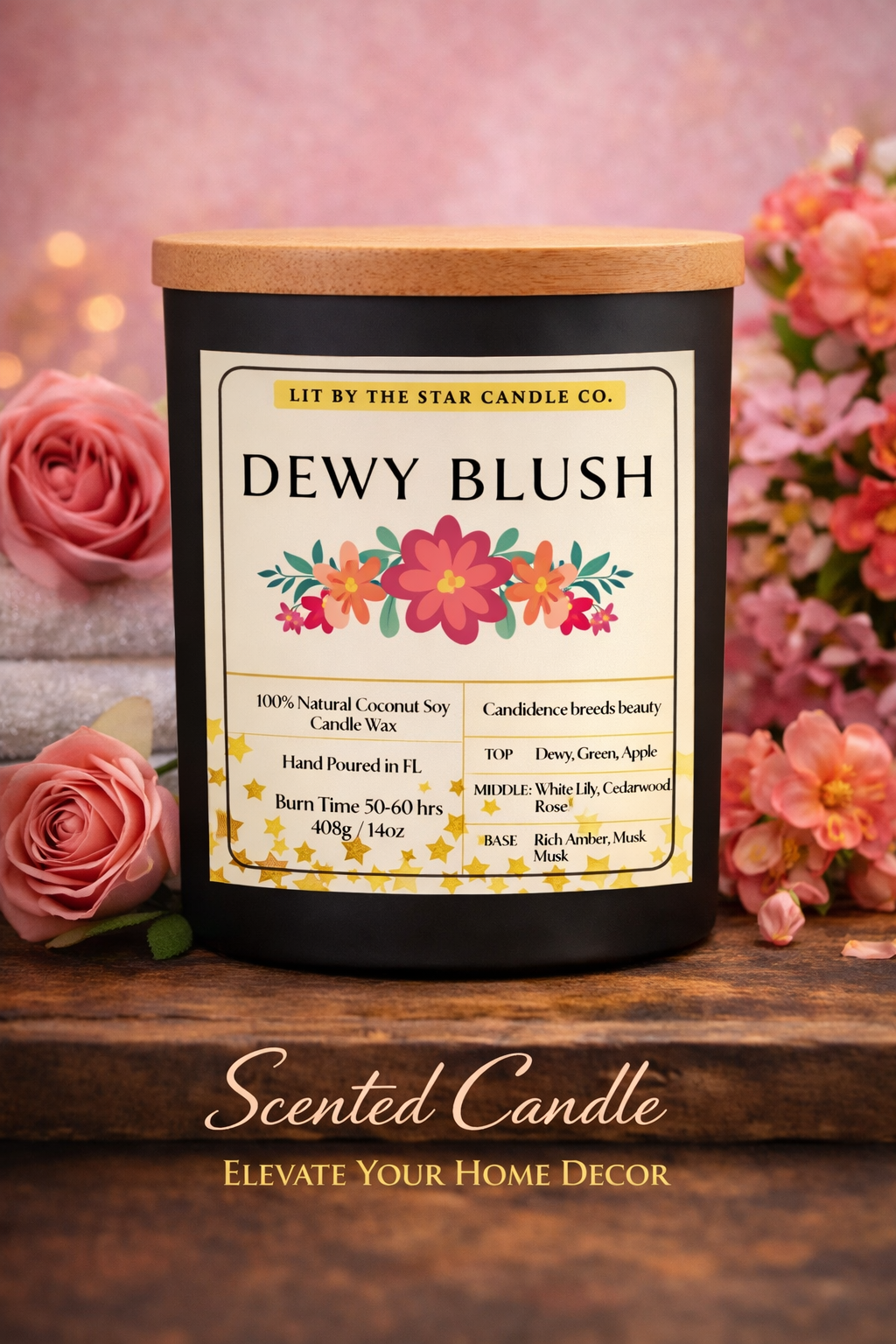 Dewy Blush -  Matte Black Glass Coconut Soy Candle