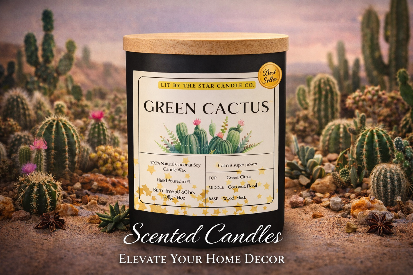Green Cactus - Matte Black Glass Coconut Soy Candle