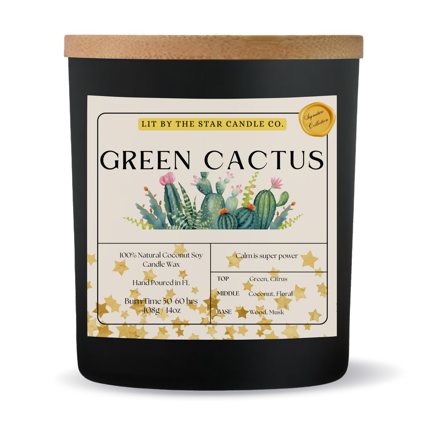Green Cactus - Matte Black Glass Coconut Soy Candle