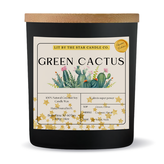 Green Cactus - Matte Black Glass Coconut Soy Candle