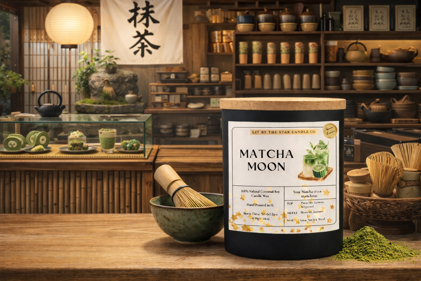 Matcha Moon -  Matte Black Glass Coconut Soy Candle