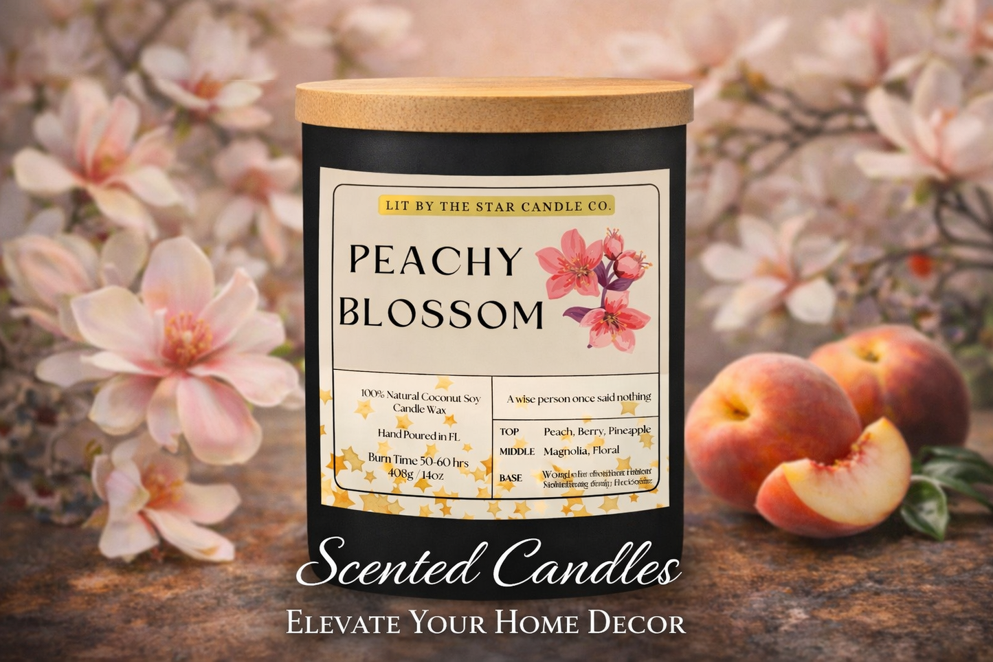 Peachy Blossom -  Matte Black Glass Coconut Soy Candle