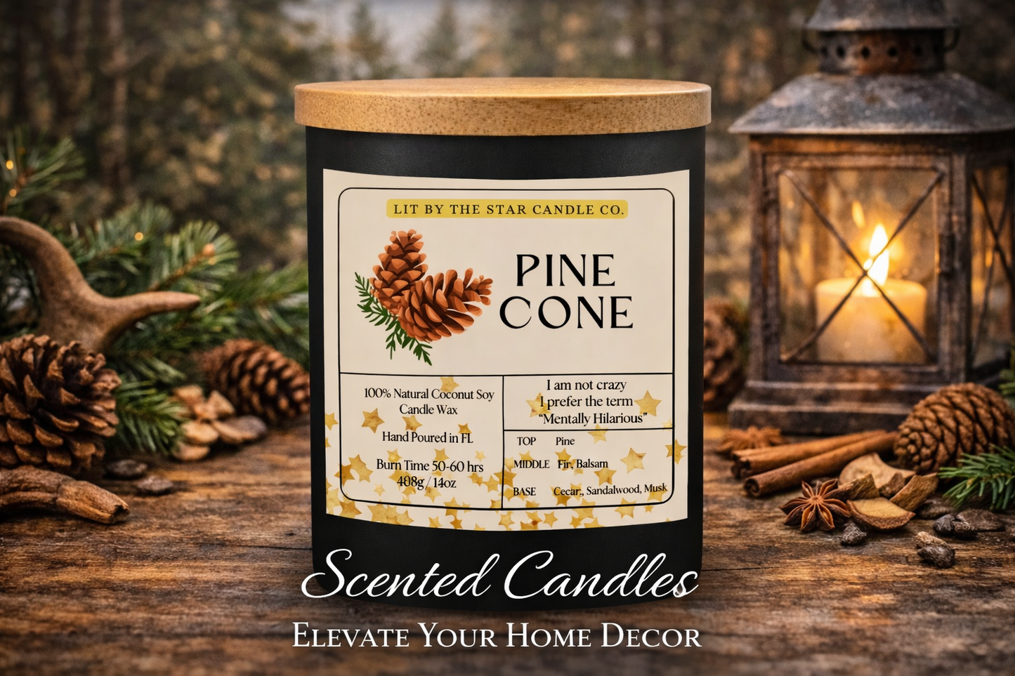 Pine Cone -  Matte Black Glass Coconut Soy Candle