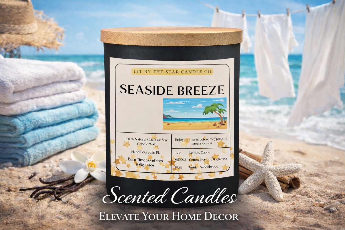 Sea Side Breeze -  Matte Black Glass Coconut Soy Candle